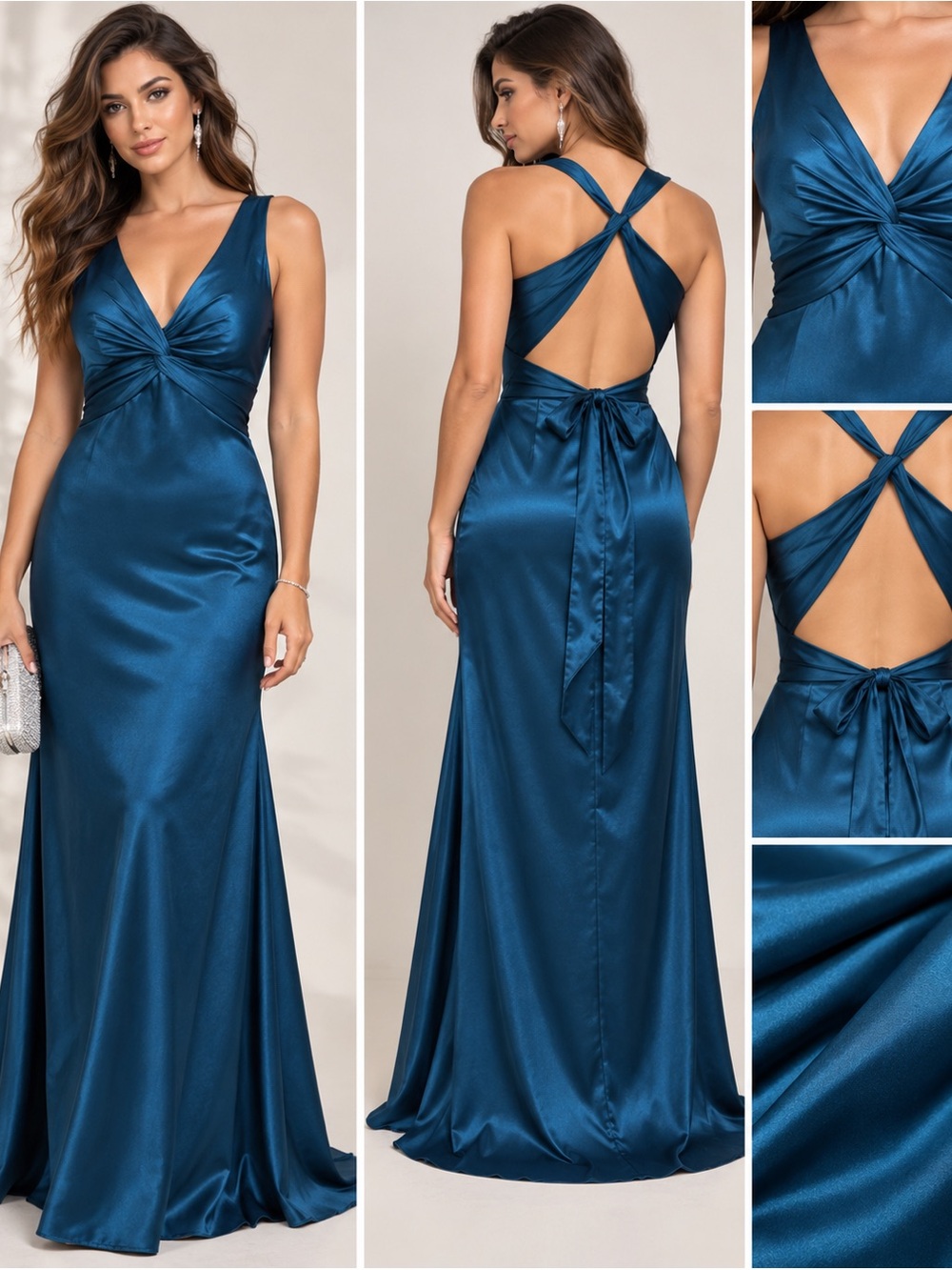 NWT Teal Satin Open Back Twist Front Formal Maxi Dress Size 6